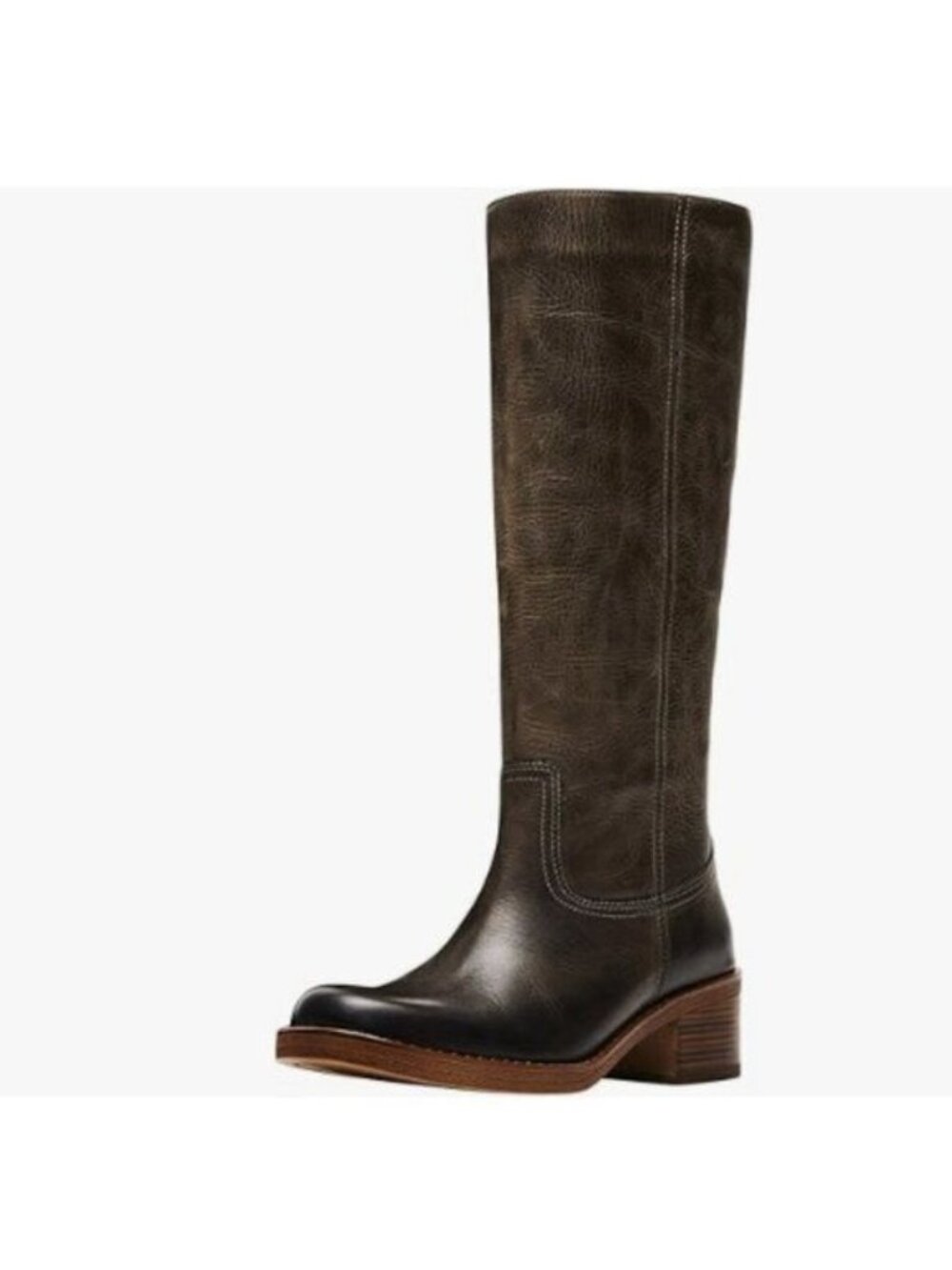 FOWT Women Platform Round Toe Calf High Boots Chunky Block Low Heel Boots Brown